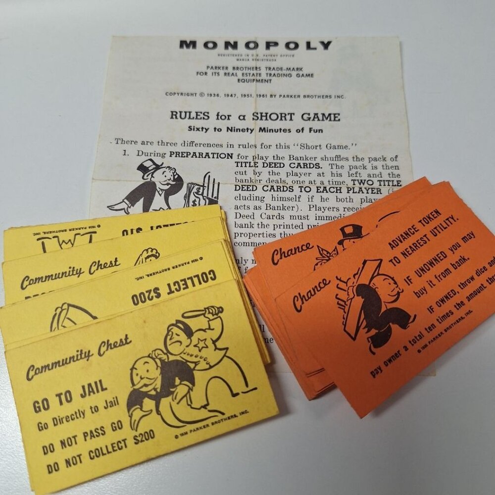 1960s Monopoly Cards Short Rules Instruction Page Community Chest Chance Vintage